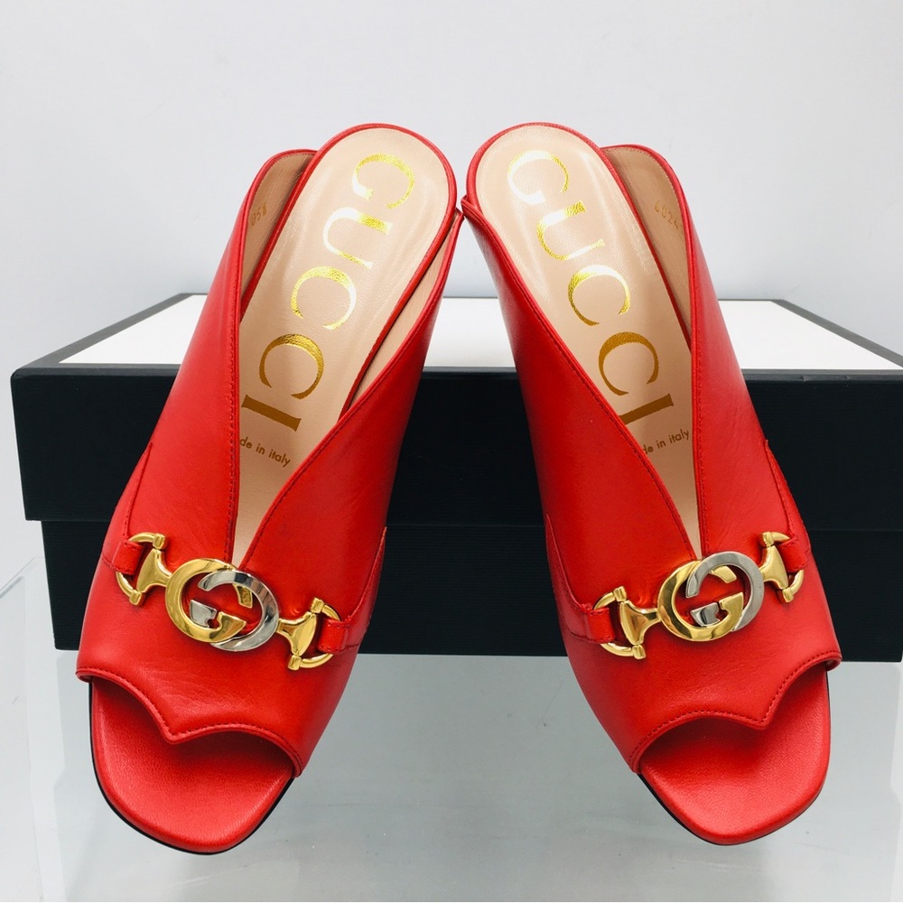 Gucci 602412 C9D00 6634 Red Leather Mid Heel Slide Sandals